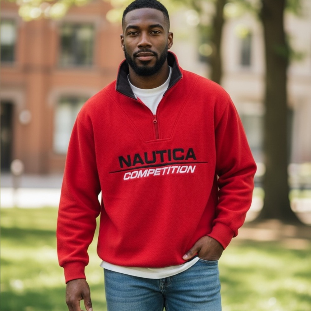 Nautica Red Zip-Up Competition Fleece Pullover
